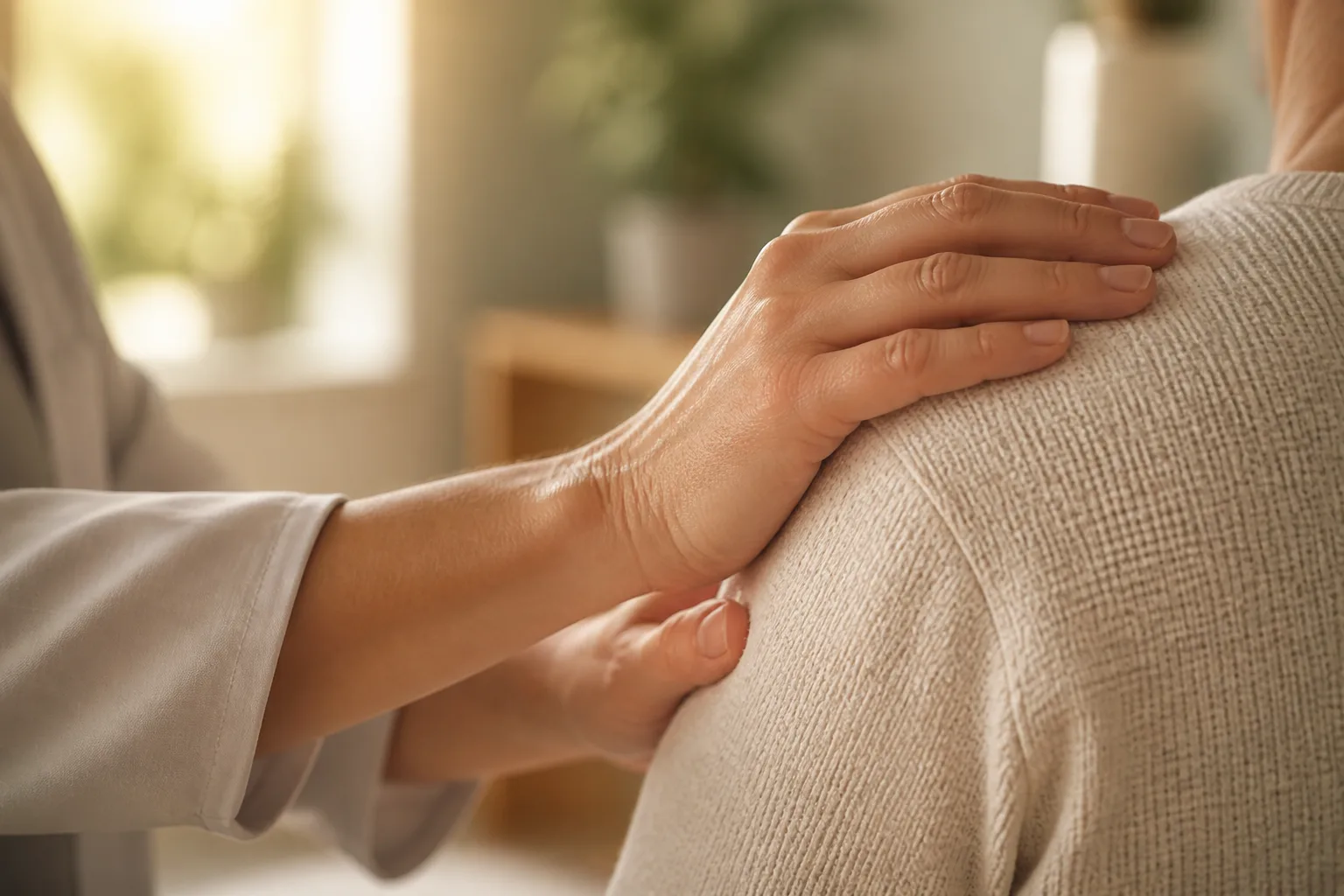Warm, face-free editorial image of hands providing shoulder care